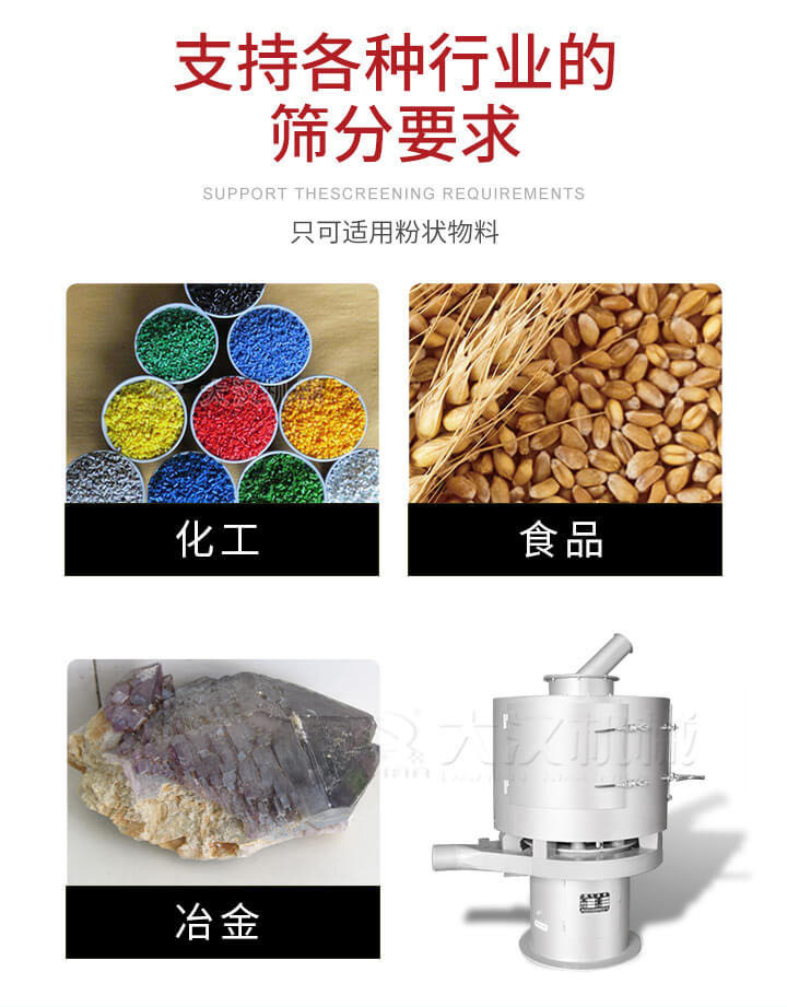 氣流篩用于礦粉，石墨粉，活性納米碳酸鈣，鋁灰，大豆粉，碳酸重鈣，石墨粉，木粉，干草，重金石粉，藥粉末，橡膠顆粒，草酸鹽，干料粉，木粉，聚酯粉，干粉，塑料，金屬粉末，橡膠粉，粉煤灰，石墨粉，陶瓷粉，鋅粉，石英粉，石灰粉，鐵粉，金屬硅粉等。