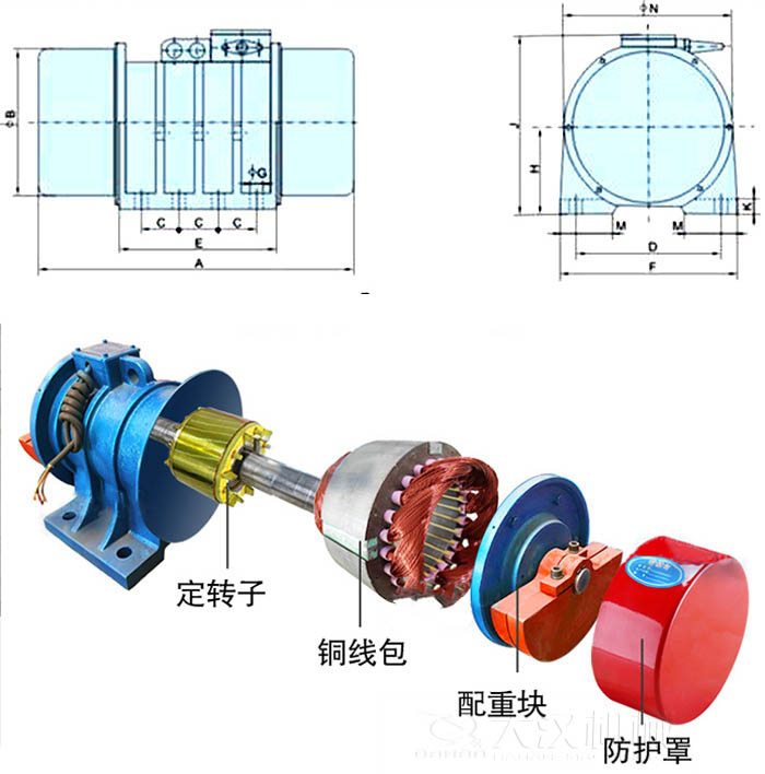ZFB倉壁振動器外形尺寸字母代表：A為整機(jī)長度F為整機(jī)寬度B為主機(jī)寬度等。結(jié)構(gòu)：定轉(zhuǎn)子，銅線包，配重塊，防護(hù)罩等。