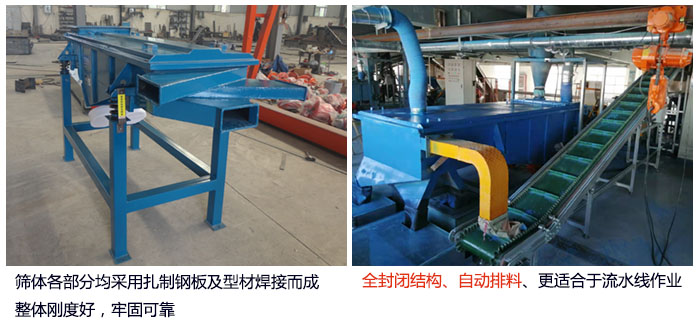 直線篩分機(jī)篩體各部分均采用扎制鋼板及型材焊接而成整體剛度好，牢固可靠；全封閉結(jié)構(gòu)、自動排料、更適合于流水線作業(yè)。