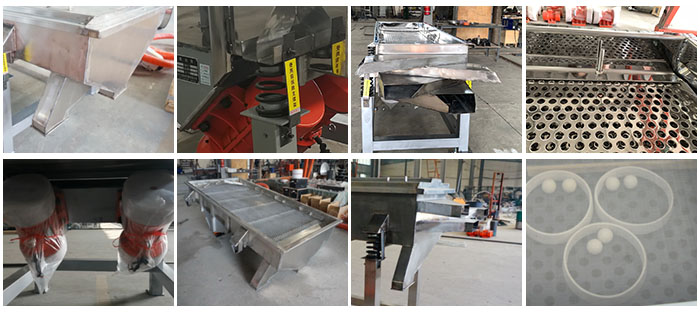 不銹鋼直線篩不同定制出料口，電機(jī)，篩網(wǎng)，篩箱，彈跳球等部件細(xì)節(jié)展示