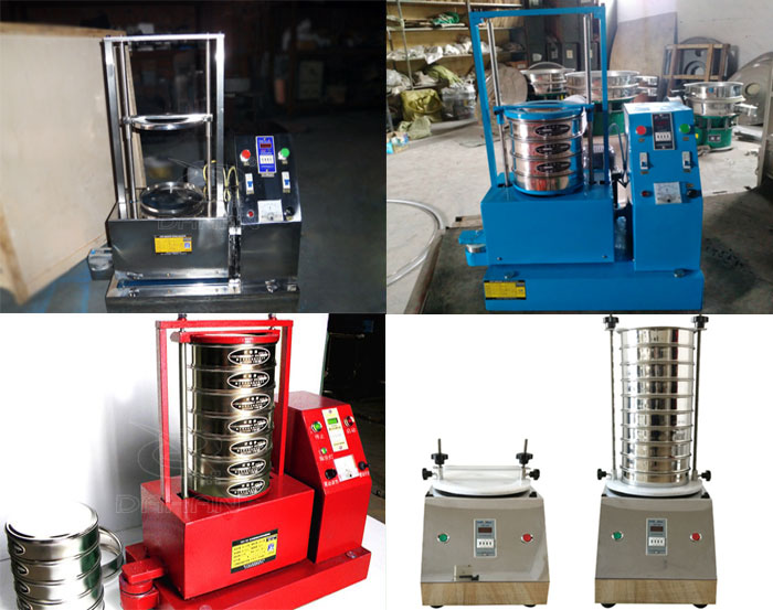 三種不同類型的試驗(yàn)篩，區(qū)別控制臺(tái)在下部或在右側(cè)。材質(zhì)為不銹鋼和碳鋼兩種，碳鋼材質(zhì)做了噴漆有：紅色和藍(lán)色兩種。