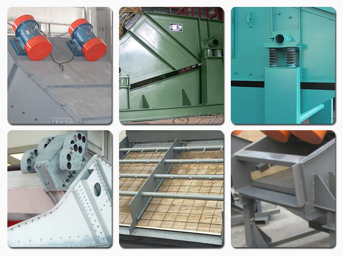 礦用振動(dòng)篩主要由激振器、篩體、篩網(wǎng)、減振裝置及座架等組成。篩箱由篩框、篩板、襯板等組成