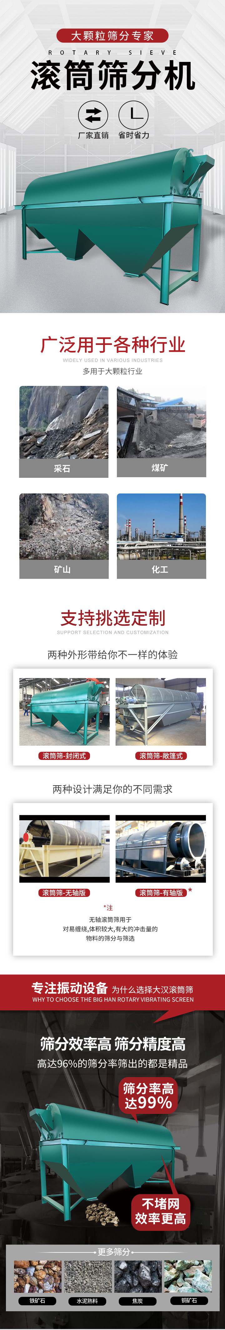滾筒篩分機(jī)大顆粒篩分專家：廠家直銷，省時(shí)省力。滾筒篩被廣泛應(yīng)用各種行業(yè)：多用于大顆粒行業(yè)例如：采石，煤礦，礦山，化工等。滾筒篩定制類型有哪些：封閉式與敞篷式產(chǎn)品結(jié)構(gòu)分為：無(wú)軸式，有軸式兩種，無(wú)軸滾筒篩用于對(duì)纏繞，體積較大，有大的沖擊量的物料的篩分與篩選。滾筒篩篩分效率高篩分精度能夠達(dá)到：96%也比較適用于鐵礦石，水泥熟料，焦炭，銅礦石。滾筒篩特點(diǎn)：不飛粉末：密封隔離罩，密封性好，工作過程不會(huì)出現(xiàn)飛粉現(xiàn)象。外型尺寸是按筒體長(zhǎng)計(jì)
