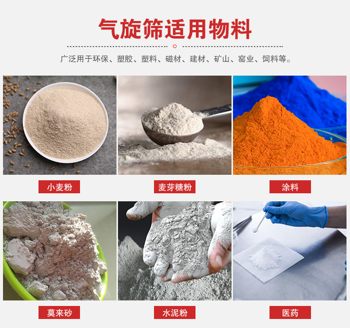 氣旋篩適用物料：小麥粉，麥芽糖粉，涂料，等粉狀物料。