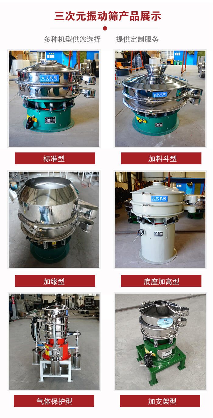 三次元振動篩不同結(jié)構(gòu)展示：標(biāo)準(zhǔn)型，加料斗型，加緣型，底座加高型，氣體保護(hù)型，加支架型。