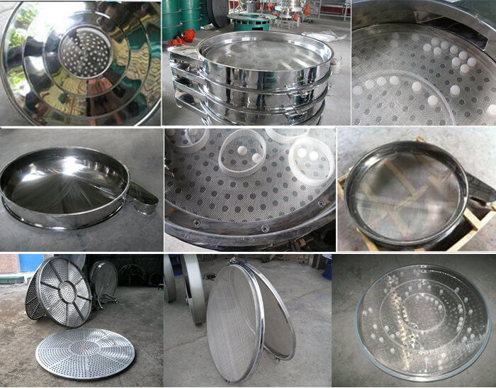 食品振動篩細(xì)節(jié)展示：防塵蓋，篩框，網(wǎng)架，底框等。